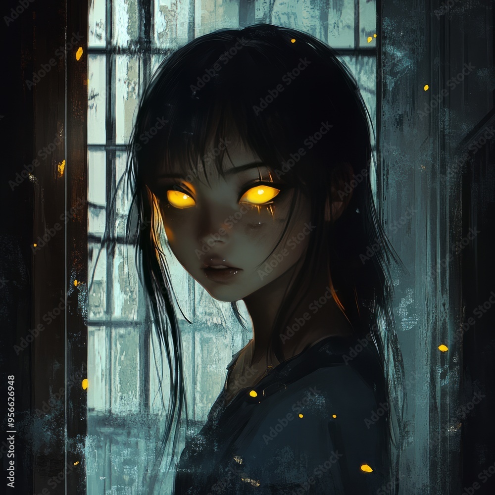 Sticker A young woman with glowing yellow eyes stands in a doorway with a mysterious expression.