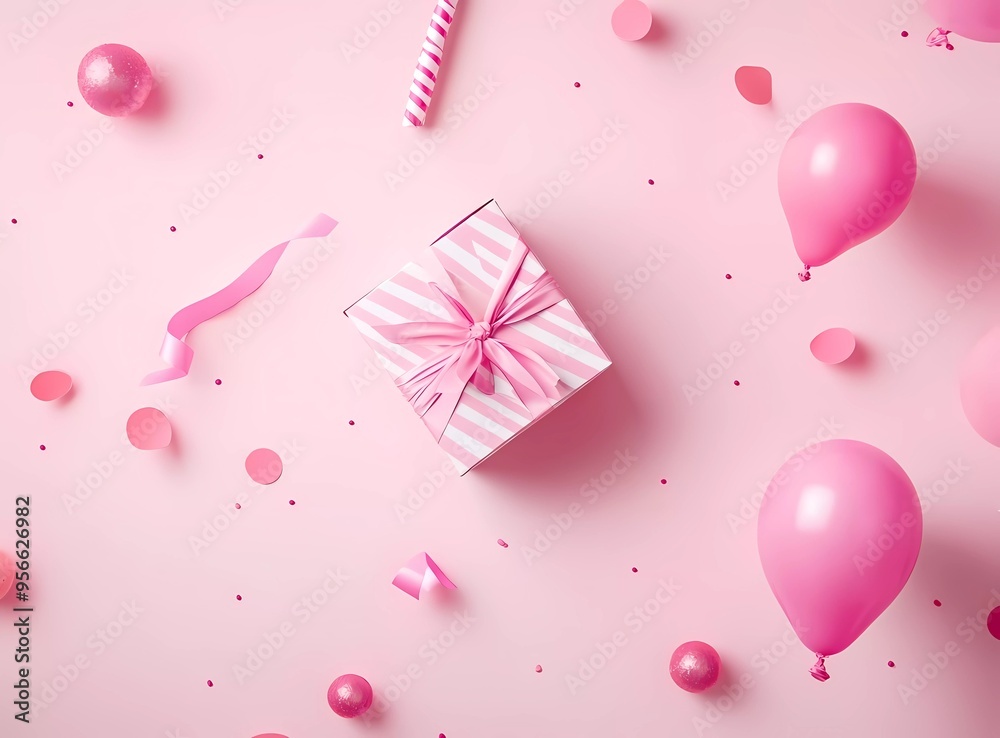 Wall mural Minimalistic pink background with birthday party elements floating on the right side