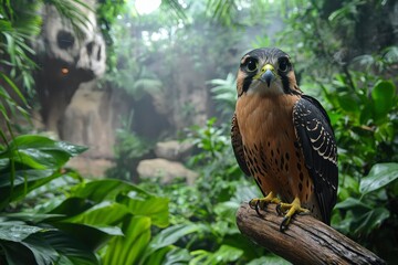 A Sharp-Eyed Falcon Perched on a Branch in a Lush Green Forest