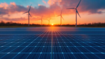 A scenic view of solar panels and wind turbines under a vibrant sunset, showcasing sustainable energy solutions.