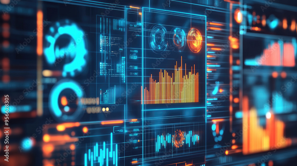Poster digital concept of automated business processes with graphs showcasing distribution and consumption 
