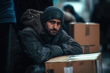 Fototapeta premium Individuals face hardship in a cold city, creating makeshift shelters from cardboard, revealing exhaustion and a struggle for survival. Generative AI