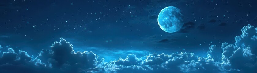 Fototapeta premium Bright moon shining through a partly cloudy night sky, clear weather, tranquil evening