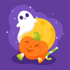 Halloween pumpkin and ghost on purple background