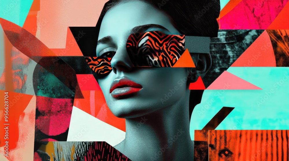 Sticker Abstract Portrait of a Woman with Geometric Shapes and Vibrant Colors