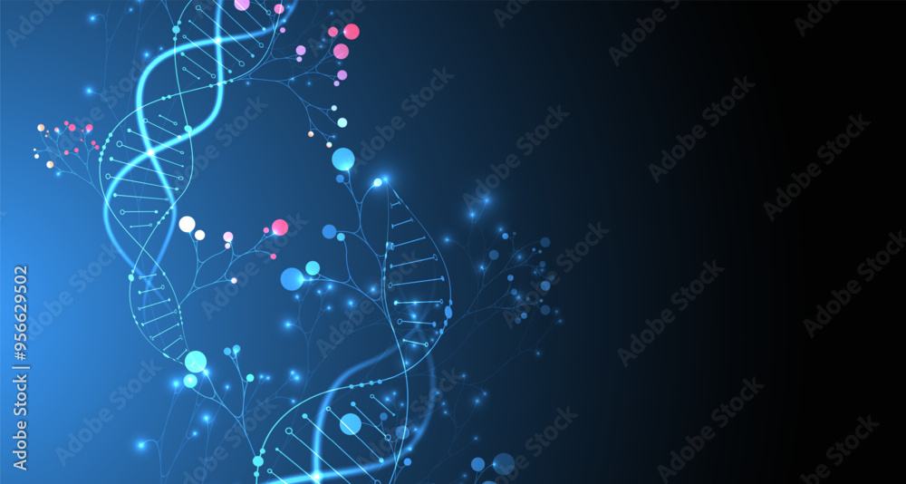 Poster Scientific medical background with abstract image of dna molecule and tree branches. Neon glow effects and gradient. Hand drawn vector illustration.