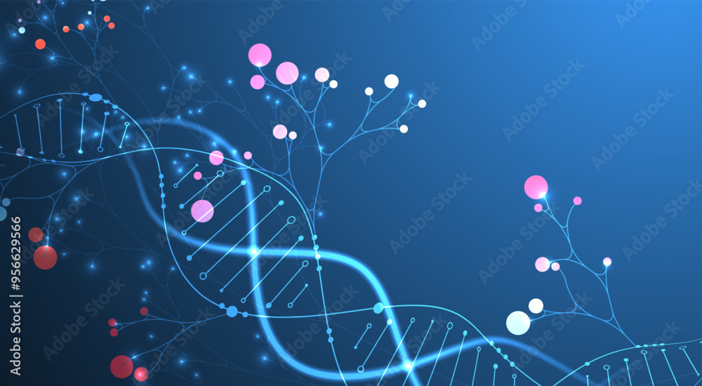 Poster Scientific medical background with abstract image of dna molecule and tree branches. Neon glow effects and gradient. Hand drawn vector illustration.