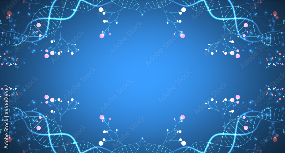 Poster Scientific medical background with abstract image of dna molecule and tree branches. Neon glow effects and gradient. Hand drawn vector illustration.