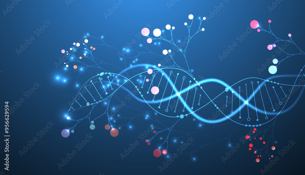 Poster Scientific medical background with abstract image of dna molecule and tree branches. Neon glow effects and gradient. Hand drawn vector illustration.
