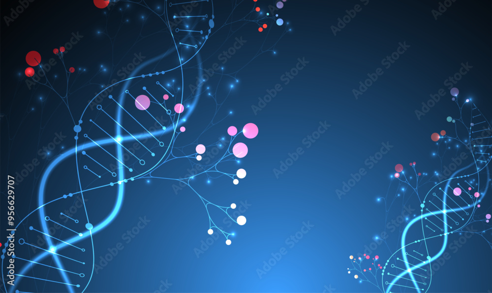 Poster scientific medical background with abstract image of dna molecule and tree branches. neon glow effec