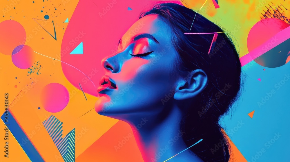 Poster Woman's Profile with Neon Lights and Abstract Shapes