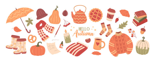 Happy autumn collection. Fall season element set. Warm and cozy.