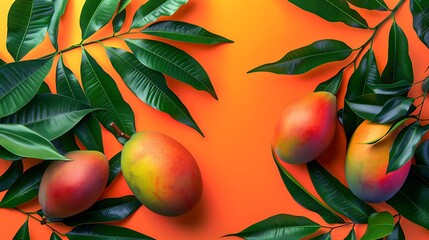 a ripe mangos and green mango leaves on orange background