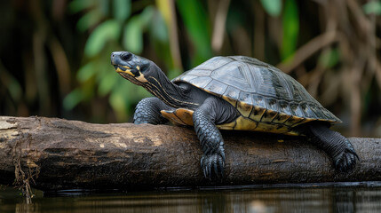 Fototapeta premium Giant river turtle basking on a log in the Amazon, its shell blending with the natural surroundings