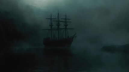 Fototapeta premium A ghostly ship emerging from the mist on a dark, eerie sea, with faint figures on the deck.