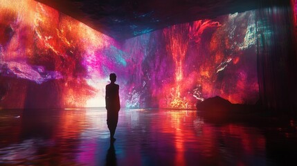 A Solitary Figure Standing Before a Vibrant, Abstract Wall