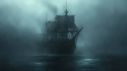 Fototapeta premium A ghostly ship emerging from the mist on a dark, eerie sea, with faint figures on the deck.