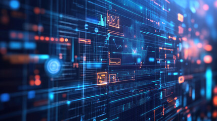Obraz premium High-tech digital illustration of business process automation with graphs focused on distribution and consumption analysis