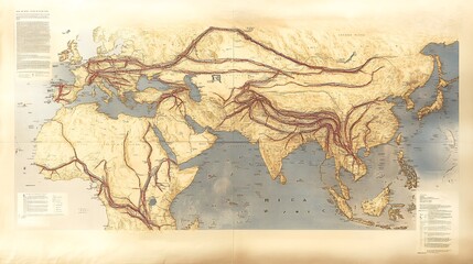 Mind map global trade routes covering historical Silk Road maritime routes and modern logistics networks