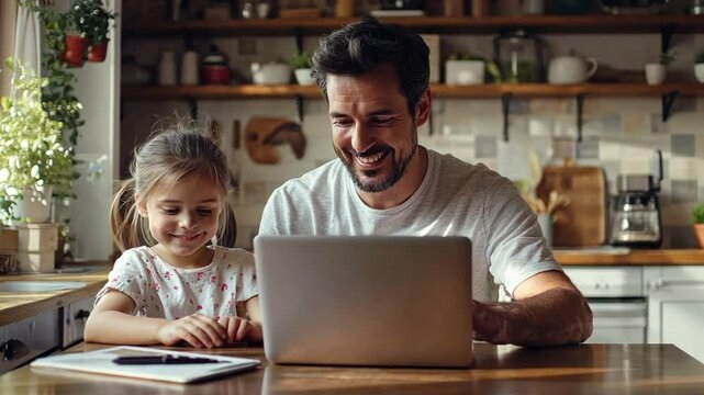 A parent multitasking with a laptop on the kitchen counter, while a child does homework nearby, showcasing the challenges and flexibility of working