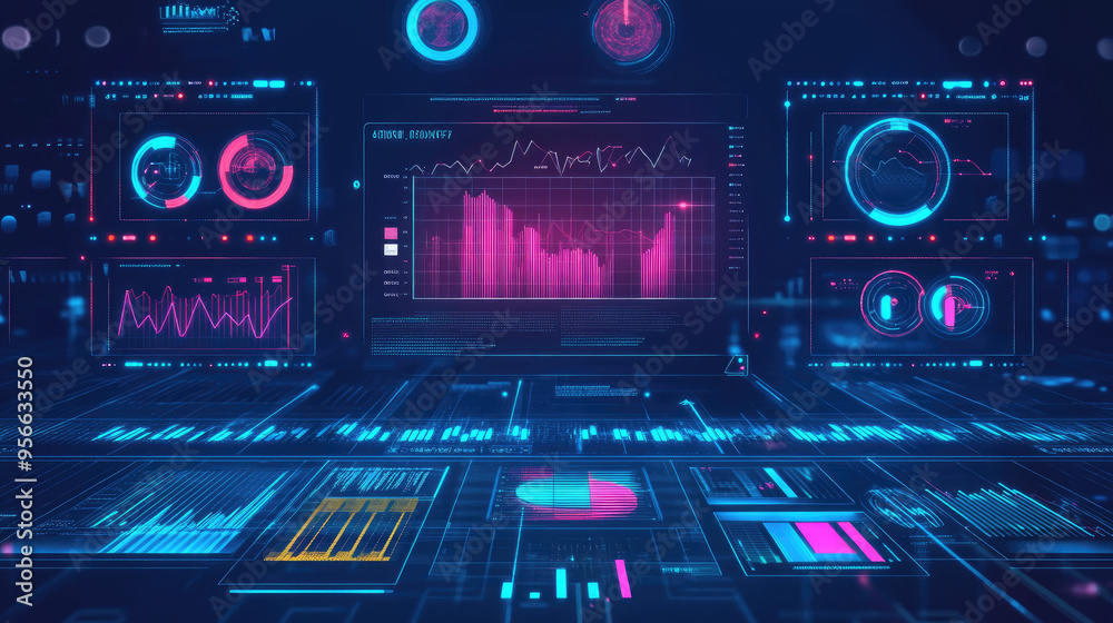 Poster high-tech visual of business automation featuring graphs for consumption monitoring and data distrib
