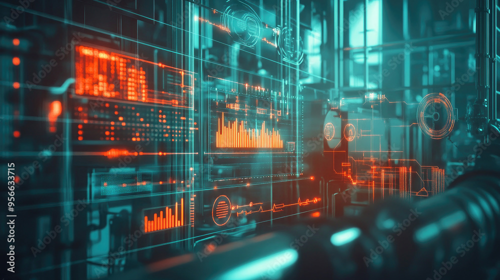 Poster high-tech visual of business automation featuring graphs for consumption monitoring and data distrib
