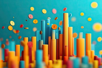 Obraz premium Colorful Coins Floating Above Stylized Bar Graph