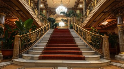 Fototapeta premium Elegant grand staircase with chandelier in luxurious interior.
