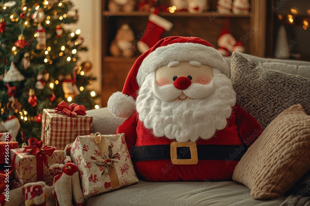 Wall mural A cheerful Santa decoration sits on a couch surrounded by beautifully wrapped presents and a beautifully lit Christmas tree in a cozy living room