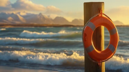 Lifebuoy on post by ocean with mountains in background.