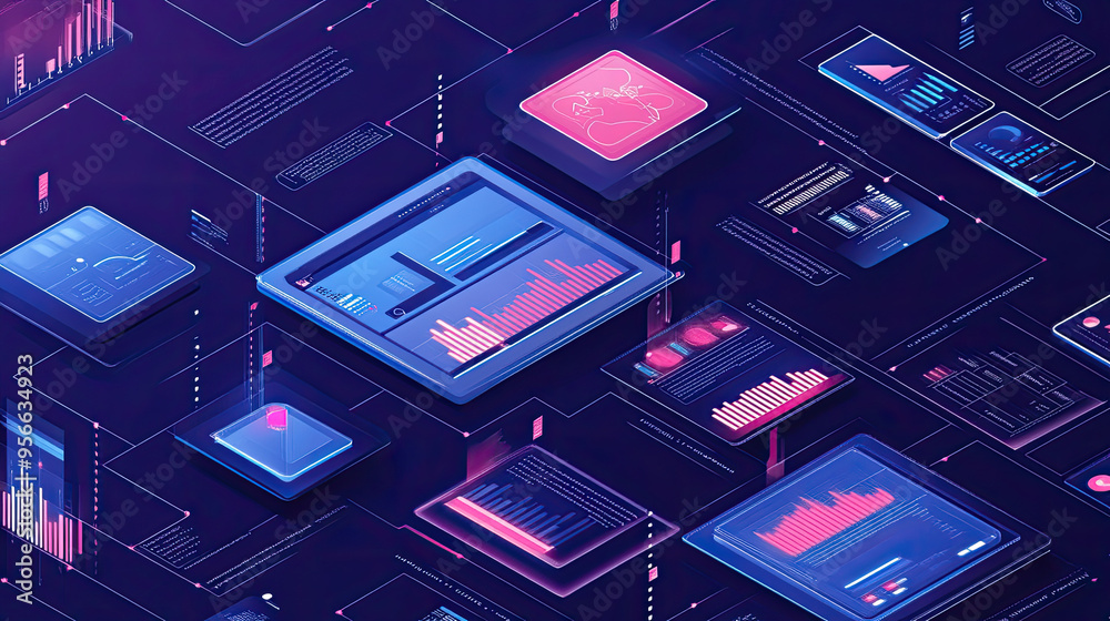Poster illustration of advanced business process automation with modern graphs for monitoring distribution 