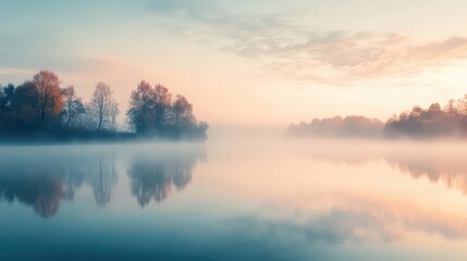 Fototapeta premium Drifting fog over a still lake at dawn, foggy weather, calm and ethereal
