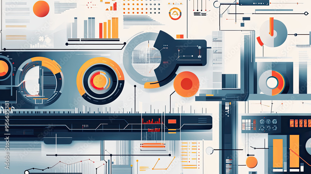 Poster illustration showcasing business process automation with high-tech graphs for monitoring distributio