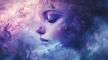 Fototapeta premium A Woman's Profile Emerging From a Cosmic Nebula