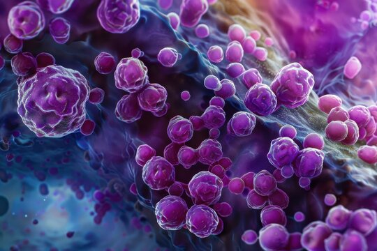 A detailed shot of Staphylococcus aureus bacteria forming grape-like clusters, captured under a high-magnification microscope