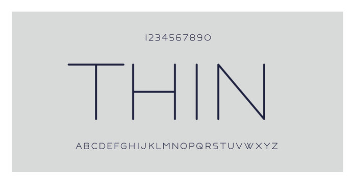 Thin font. Modern sans serif typography. Elegant typeface abc letters and numbers. Minimal alphabet for web, poster, logo design. Simple style uppercase. Abstract background. Vector illustration.
