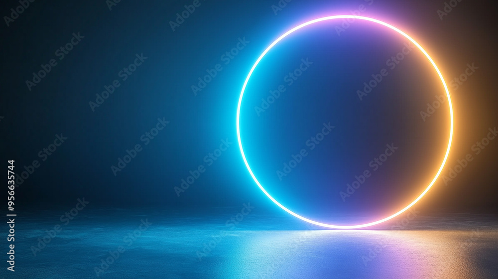 Fototapete template for text : blue and purple neon glowing glare circle with rays. frame isolated on black bac