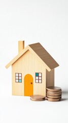 Wooden house with coins.