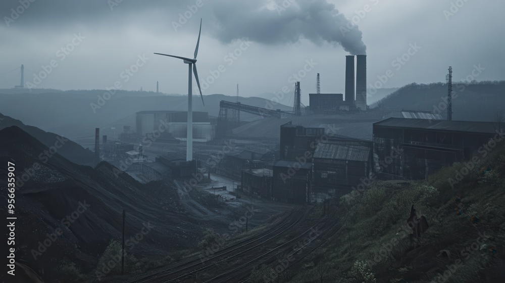 Leinwandbilder old factories and closed coal mines stand alongside wind turbines, representing a shift toward susta