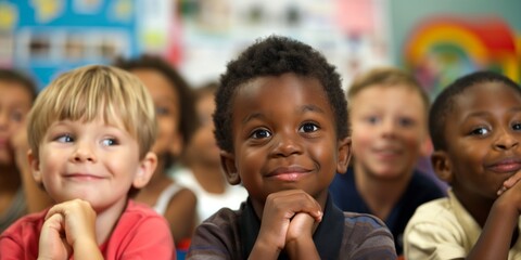 A group of multicultural kids sitting in a classroom setting, happy and engaged. Their diverse expressions reflect unity, learning, and positivity within a friendly educational environment.