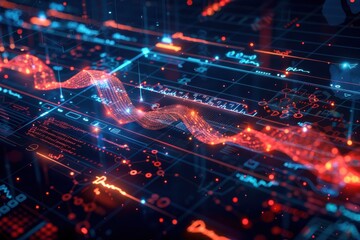 A digital interface displaying real-time DNA sequencing data, with graphs and data points glowing against a dark background for a high-tech look 