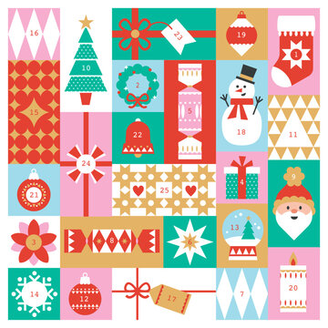 Cute, colourful Christmas holidays advent calendar for December sales, marketing, kids bight fun vector design