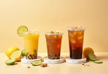 Isolated Iced Tea and Coffee Drinks, Clear Plastic Cups, White Marble Plate, Minimalist Style,