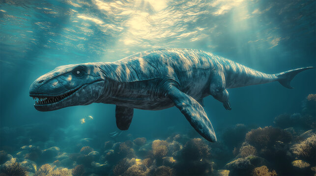 Extinct marine reptile Mosasaurus swimming underwater in prehistoric ocean, ancient sea predator
