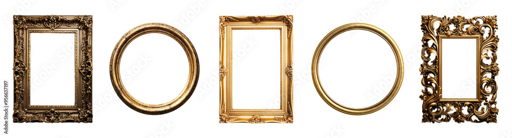 Wall mural set of gold frames in square and round shapes, isolated on transparent background, generated ai
