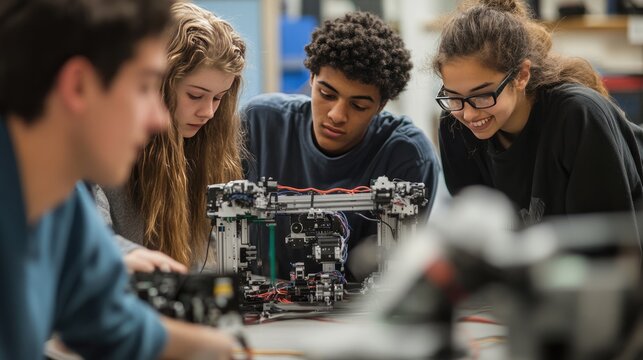 Engineering students are working on a robot project.  technology of robotics programing