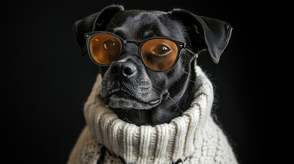 Stylish black dog in knitwear and sunglasses with brown tinted lenses