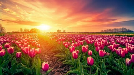 Vibrant Tulip Field at Sunset