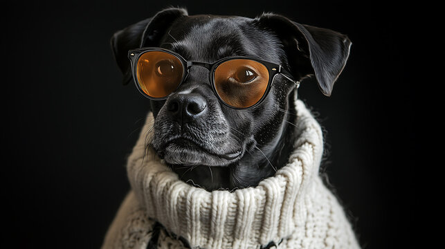 Stylish black dog in knitwear and sunglasses with brown tinted lenses