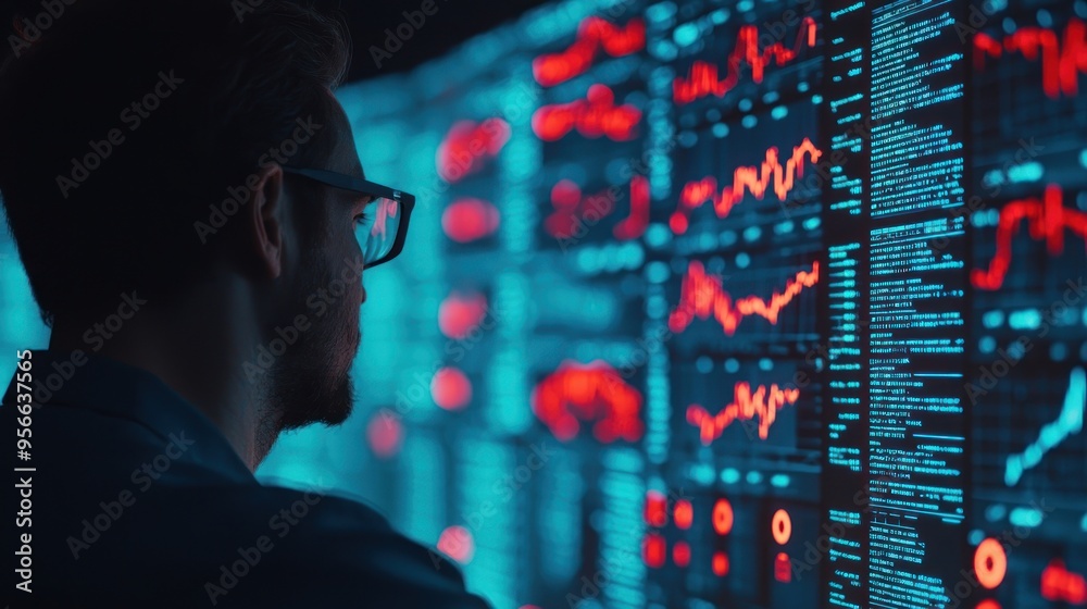 Leinwandbilder man looking at data on a screen.